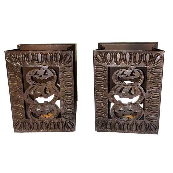 Hollow Other - Halloween Metal Pumpkin Box Candle Tealight Holder Set of Two Rustic